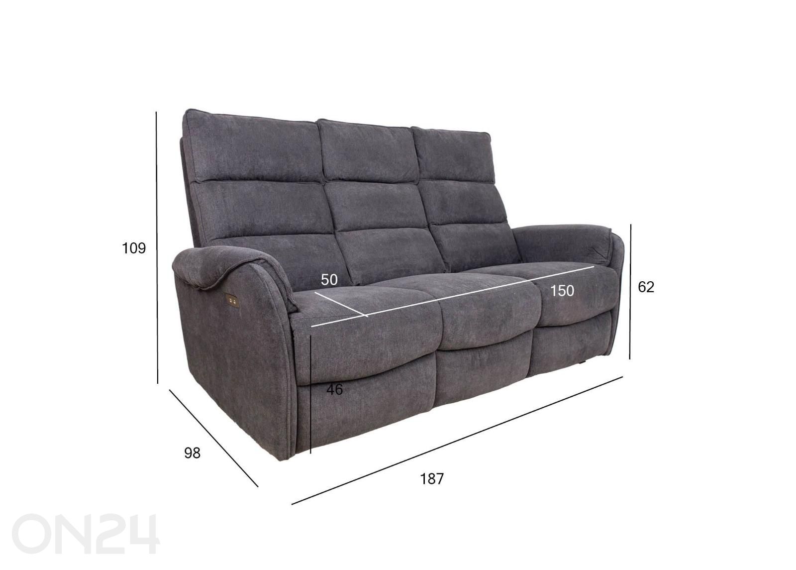 Bowers Recliner 3-istuttava sohva kuvasuurennos mitat