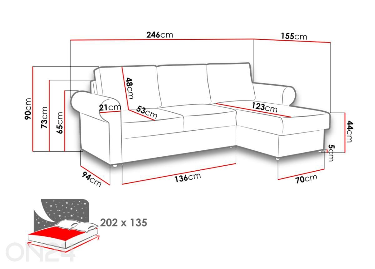 Divaanivuodesohva Monaco kuvasuurennos mitat