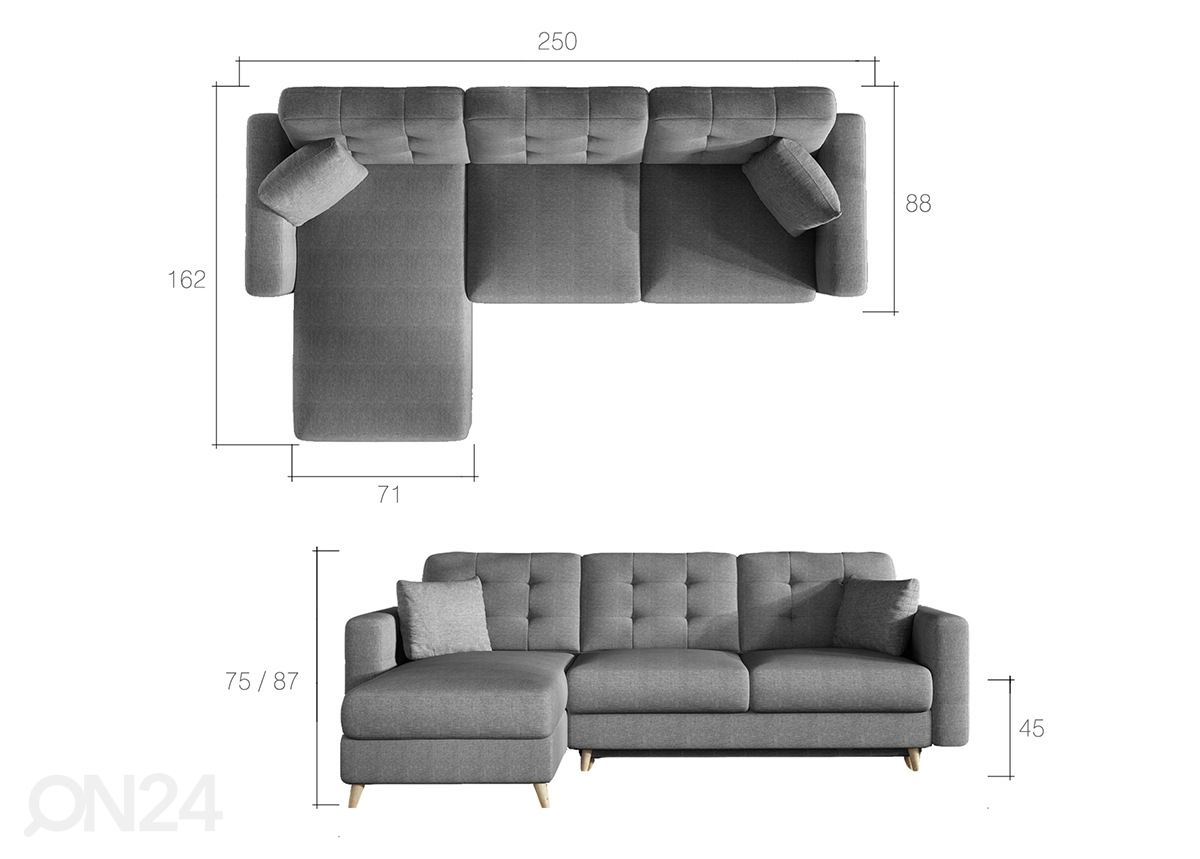 Divaanivuodesohva vuodevaatelaatikolla kuvasuurennos mitat