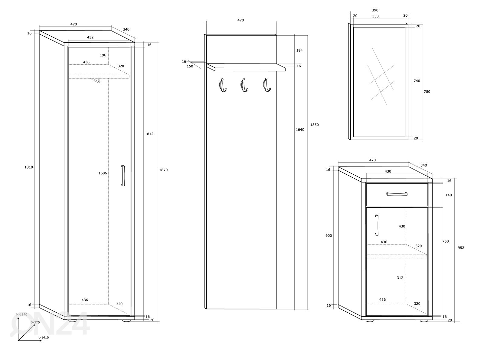 Eteiskalusteet Drimo IV 141 cm kuvasuurennos mitat