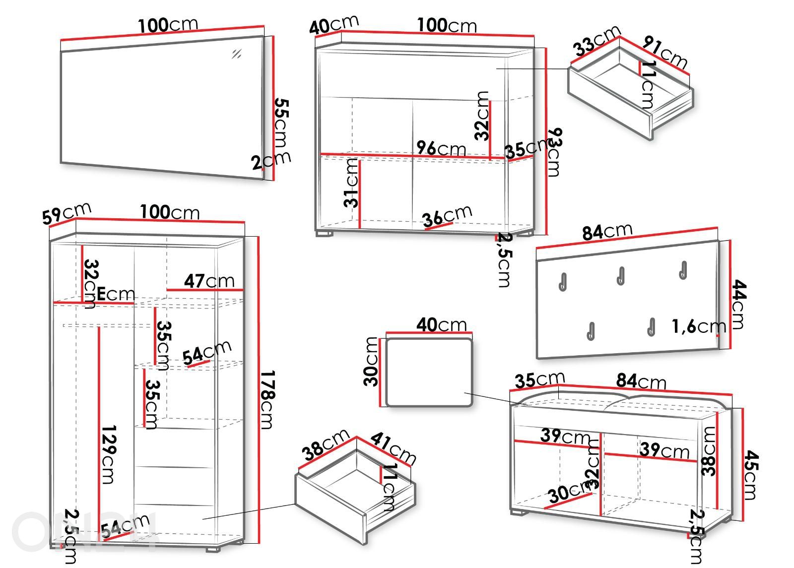 Eteiskalustesetti Gesita V kuvasuurennos mitat