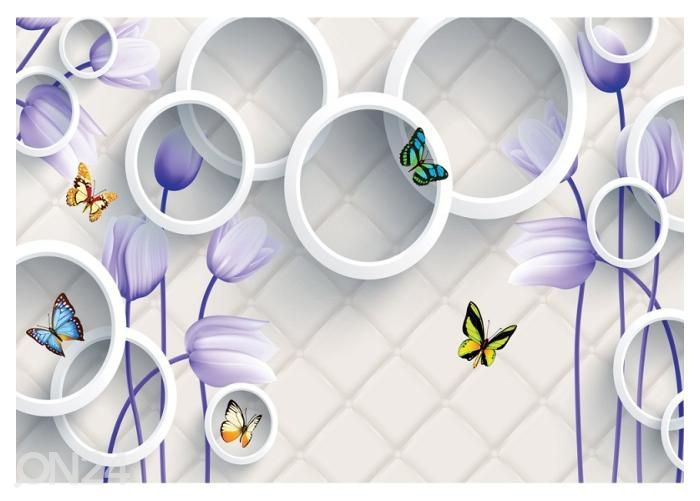 Fleece kuvatapetti 3D Violet Flowers, Butterflies and White Circles 416x290 cm kuvasuurennos