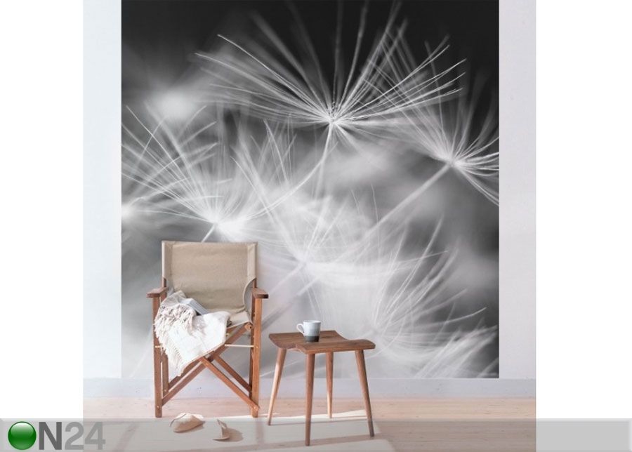 Fleece-kuvatapetti MOVING DANDELIONS CLOSE UP PN BLACK BACKGROUND kuvasuurennos