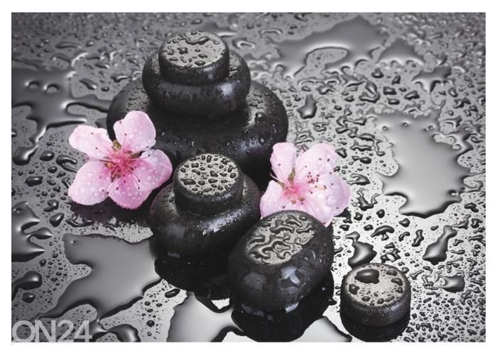Fleece kuvatapetti Spa Stones with Drops and Pink Sakura Flowers 368x254 cm kuvasuurennos
