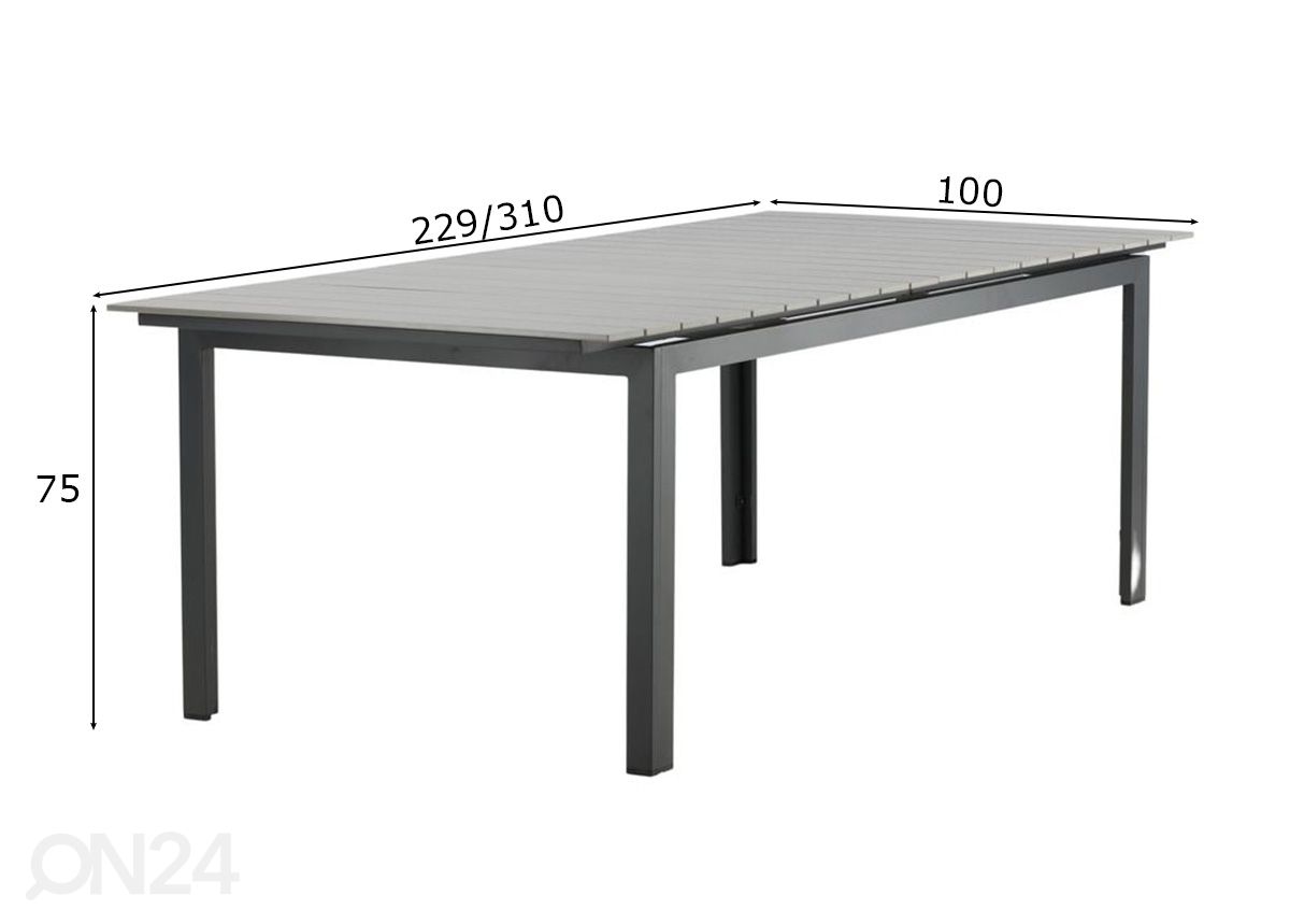 Jatkettava puutarhapöytä Levels 229/310x100cm kuvasuurennos mitat