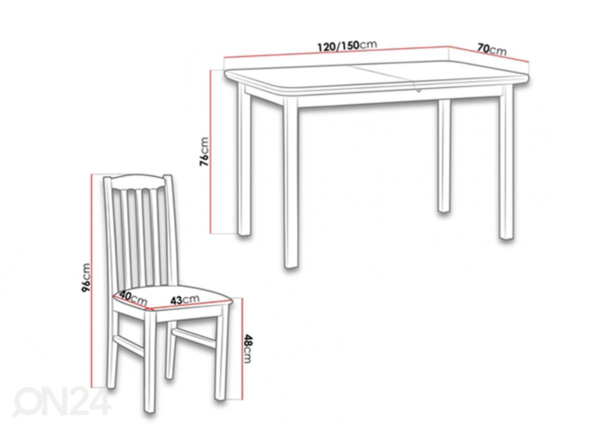 Jatkettava ruokapöytä 120-150x70 cm + 4 tuolia kuvasuurennos mitat