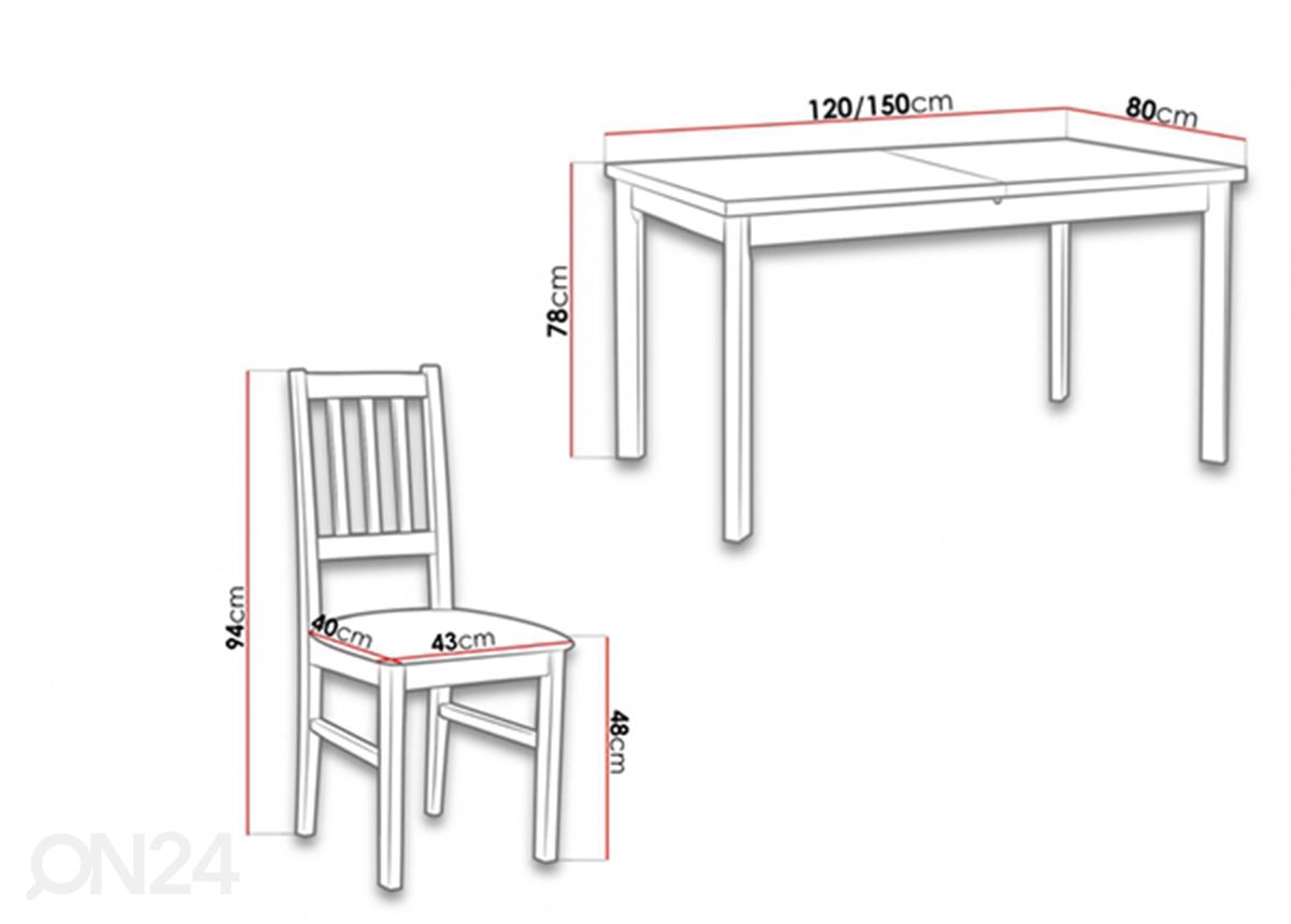 Jatkettava ruokapöytä 120-150x80 cm + 4 tuolia kuvasuurennos mitat