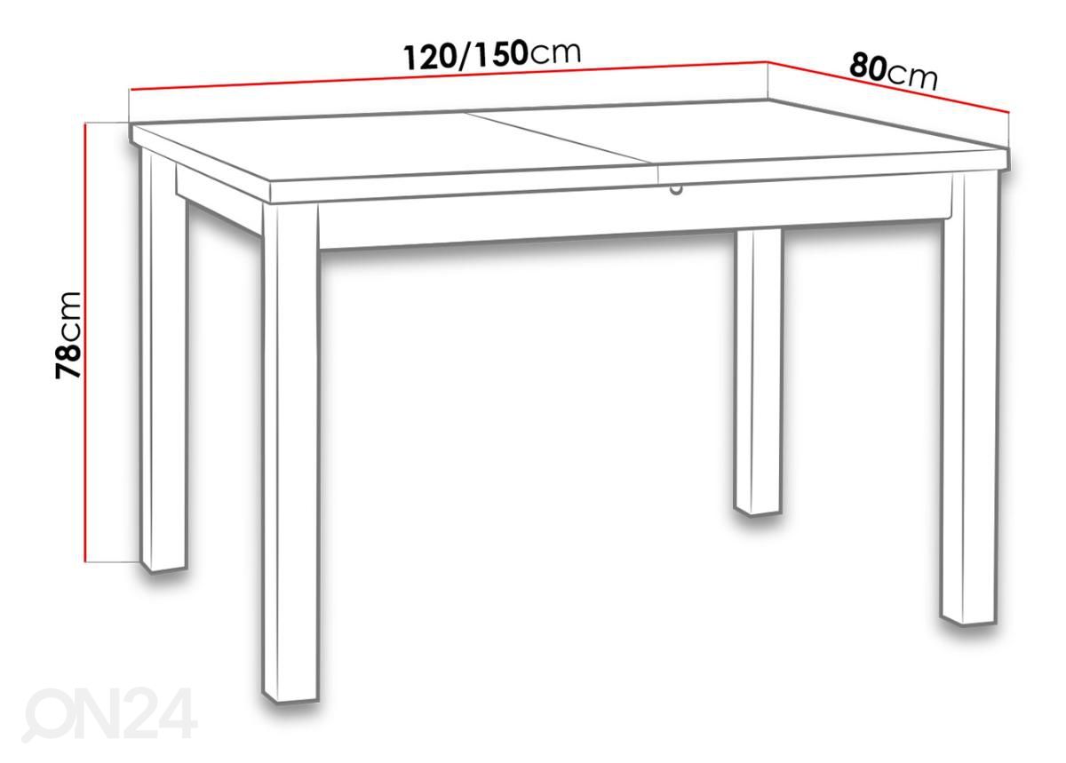 Jatkettava ruokapöytä 120-150x80 cm kuvasuurennos mitat
