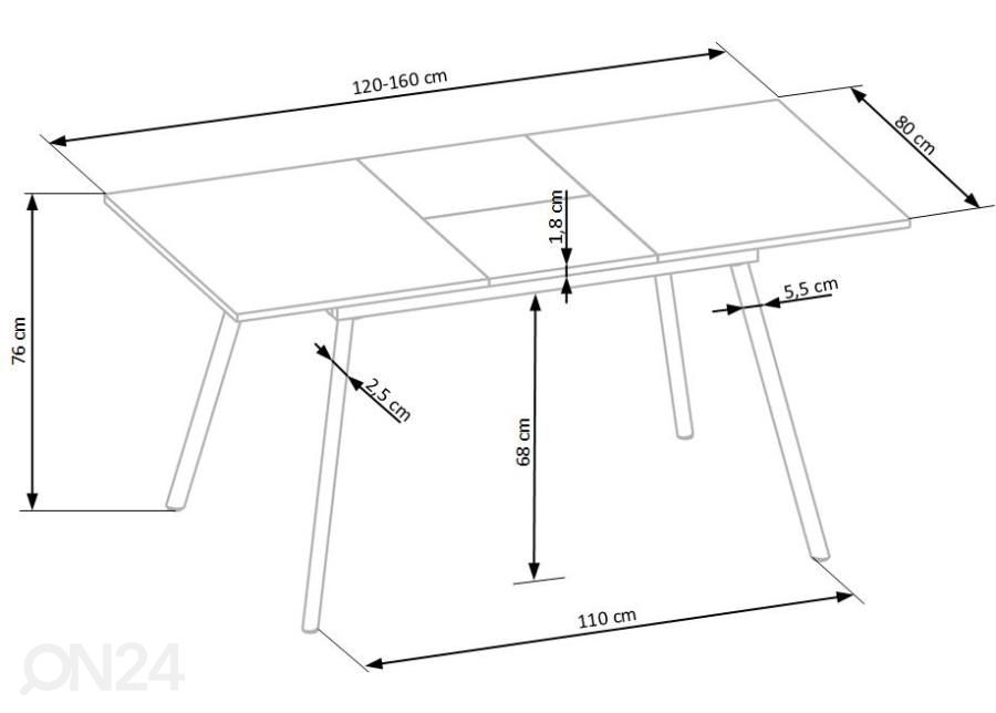 Jatkettava ruokapöytä 120/160x80 cm kuvasuurennos mitat