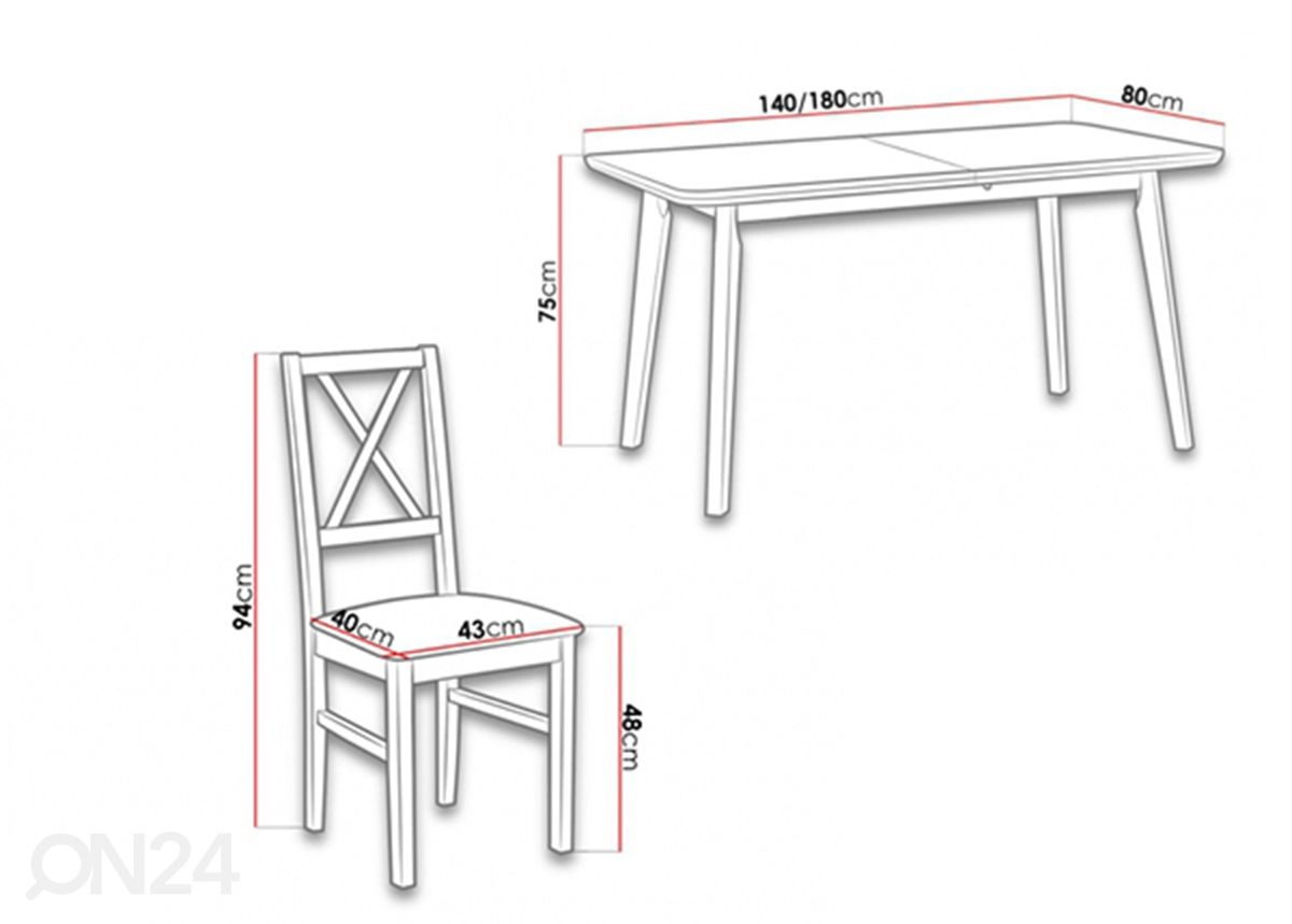 Jatkettava ruokapöytä 140-180x80 cm + 4 tuolia kuvasuurennos mitat