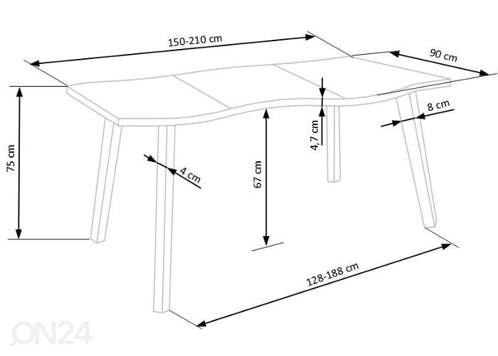 Jatkettava ruokapöytä 150/210x90 cm kuvasuurennos mitat