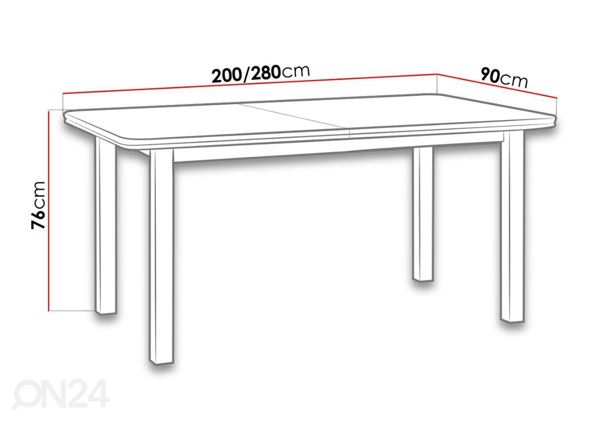 Jatkettava ruokapöytä 2000-280x90 cm kuvasuurennos mitat