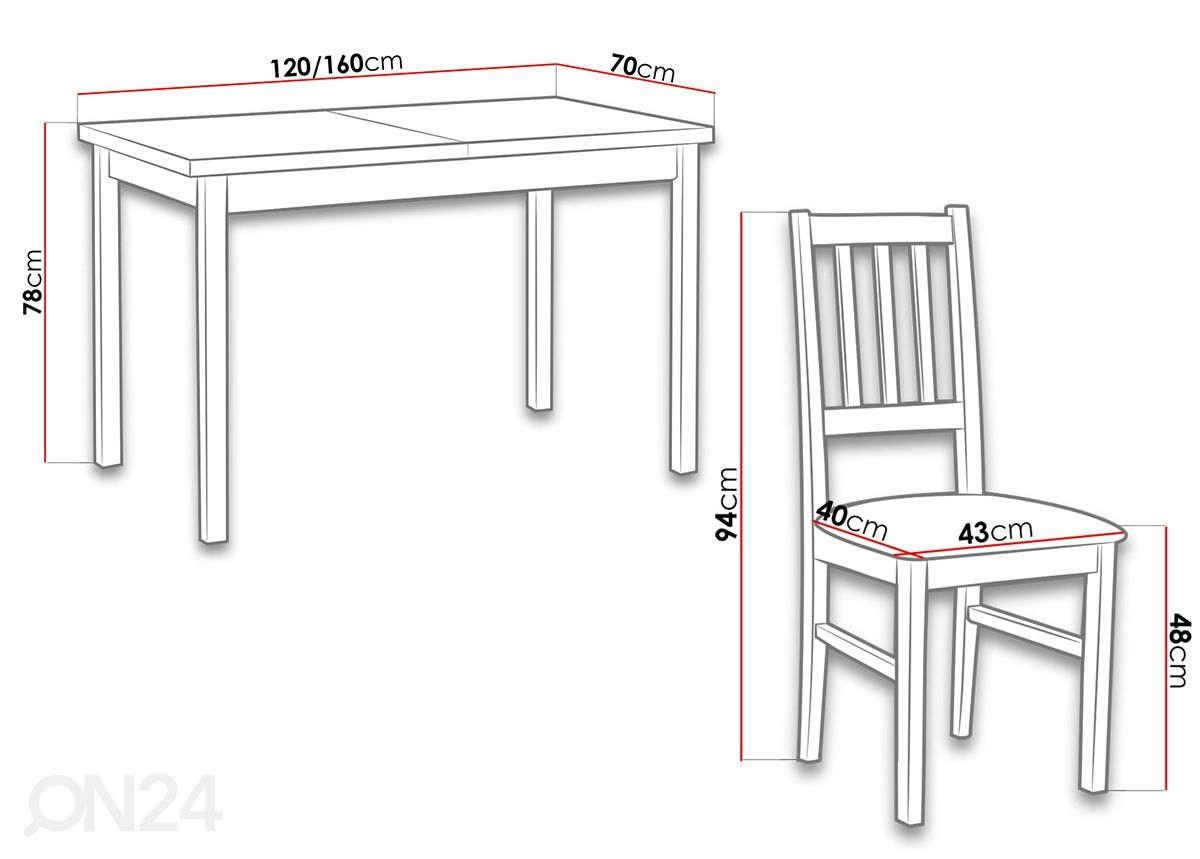 Jatkettava ruokapöytä 70x120-160 cm + 4 tuolia kuvasuurennos mitat