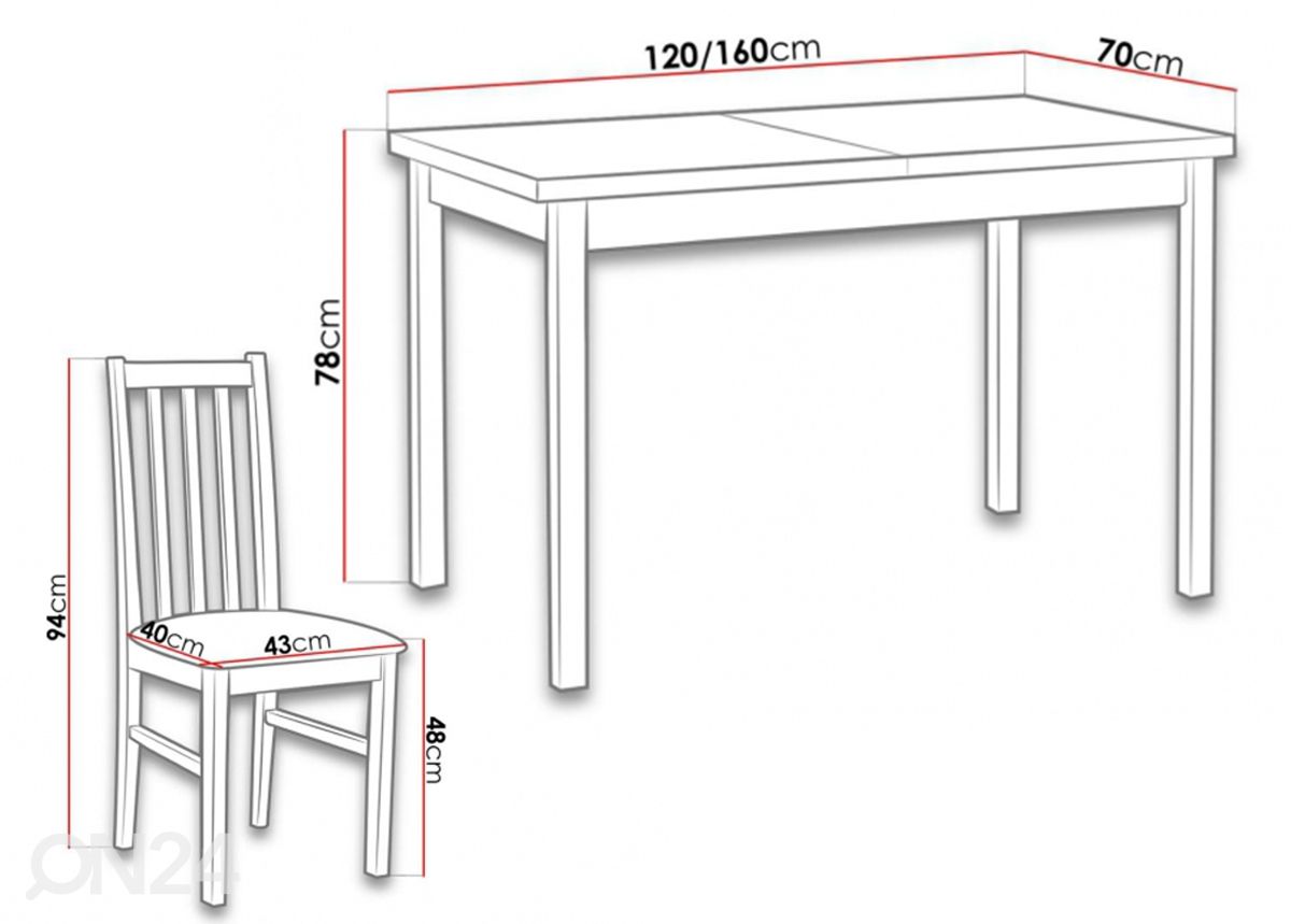 Jatkettava ruokapöytä 70x120-160 cm + 6 tuolia kuvasuurennos mitat