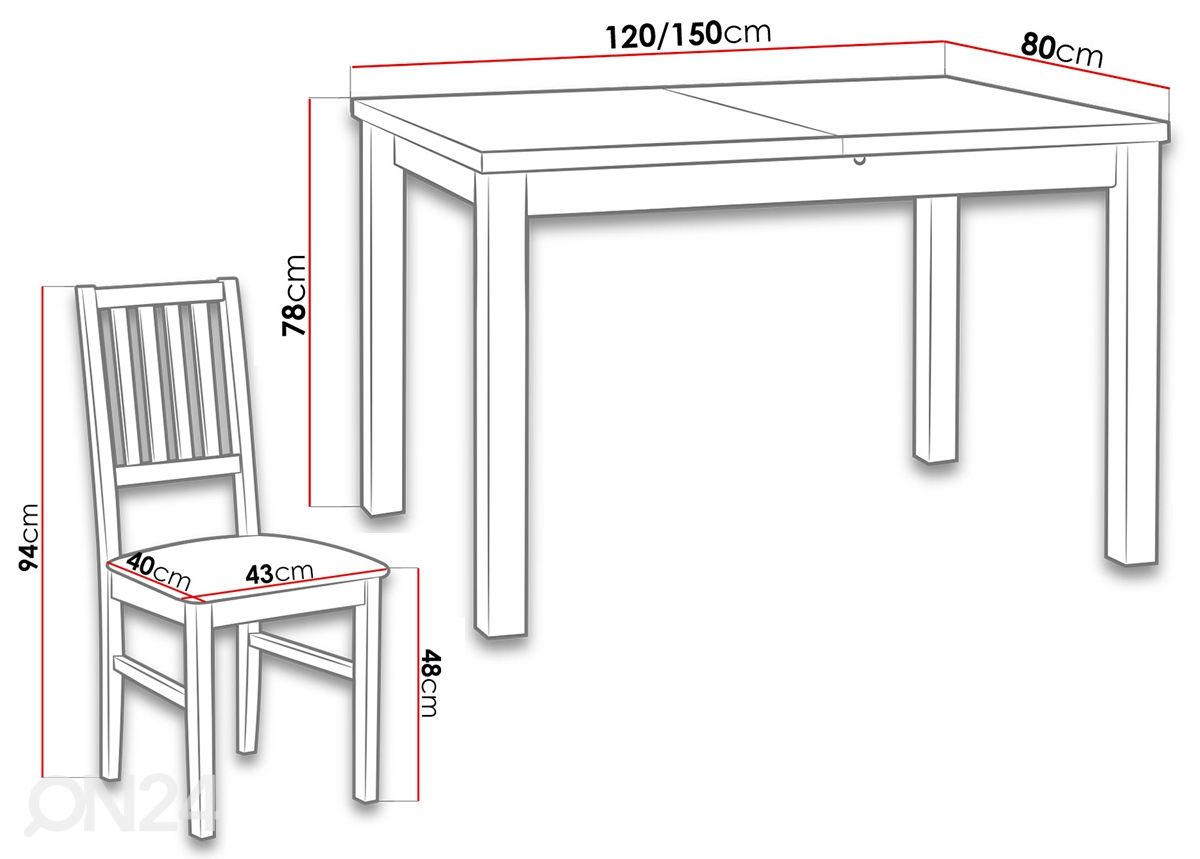 Jatkettava ruokapöytä 80x120-150 cm + 6 tuolia kuvasuurennos mitat