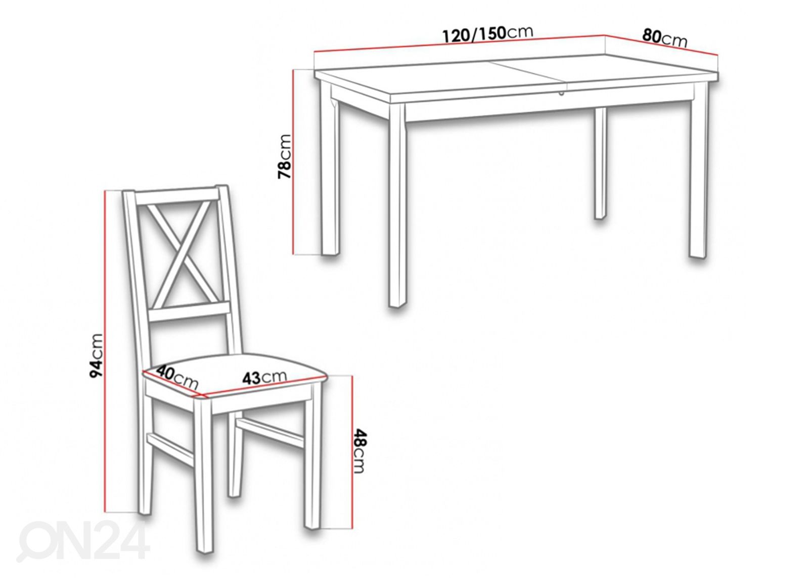 Jatkettava ruokapöytä 80x120-150 cm + 6 tuolia kuvasuurennos mitat