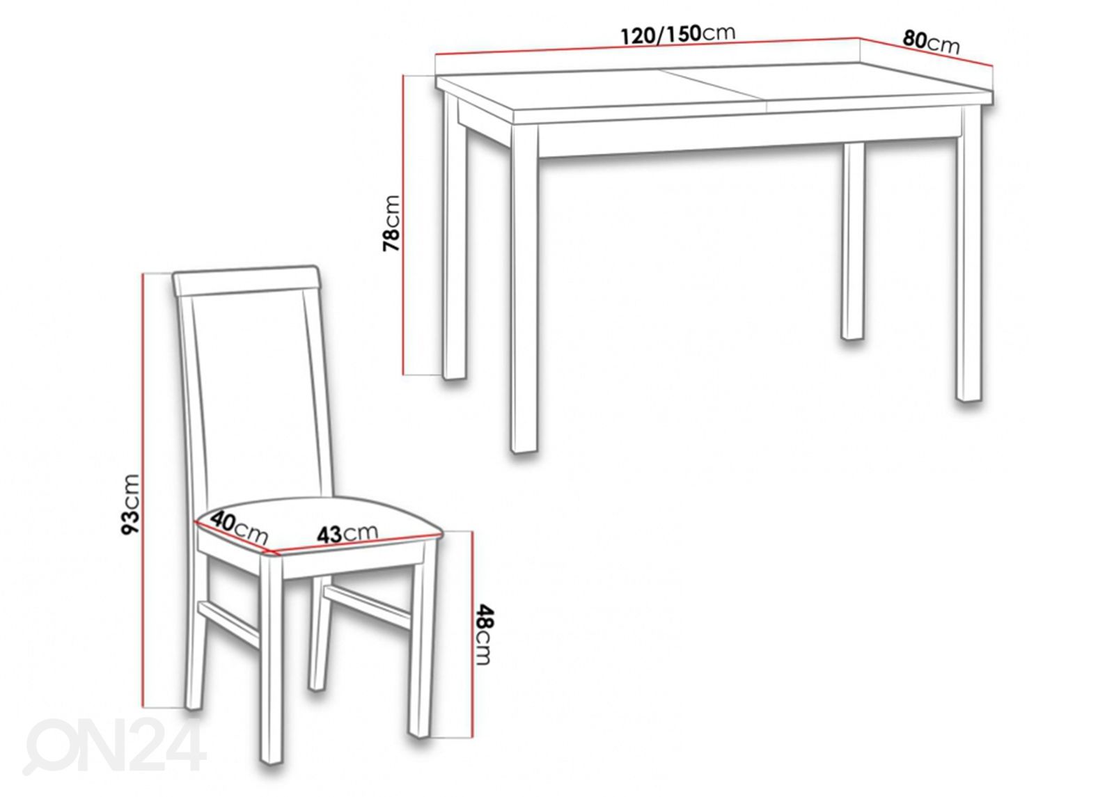 Jatkettava ruokapöytä 80x120-150 cm + 6 tuolia kuvasuurennos mitat