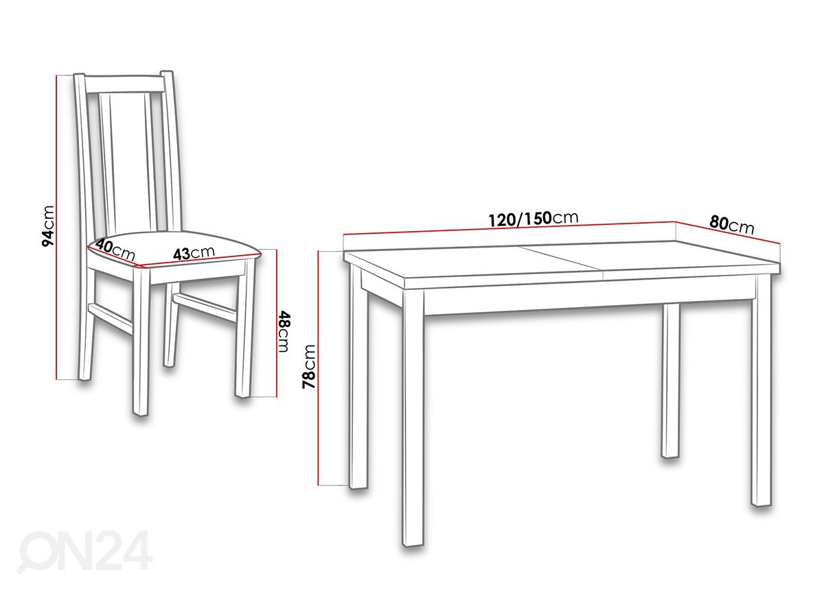 Jatkettava ruokapöytä 80x120-150 cm + 6 tuolia kuvasuurennos mitat