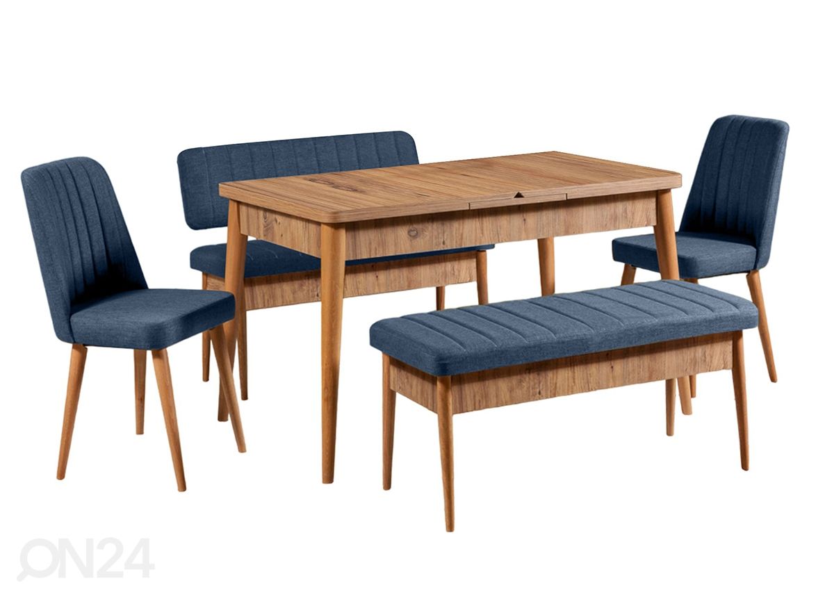 Jatkettava ruokapöytä 80x130-165 cm + 2 tuolia + 2 penkkiä kuvasuurennos