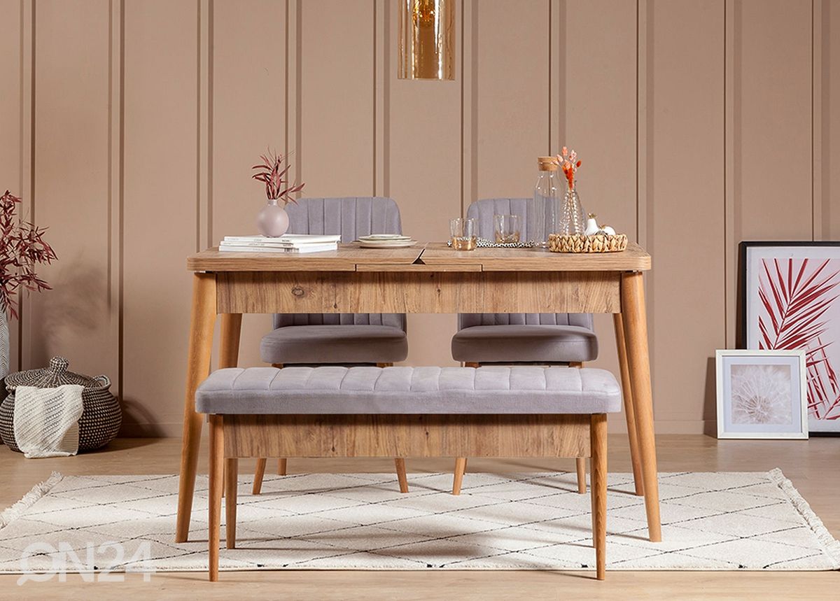 Jatkettava ruokapöytä 80x130-165 cm + 2 tuolia + penkki kuvasuurennos