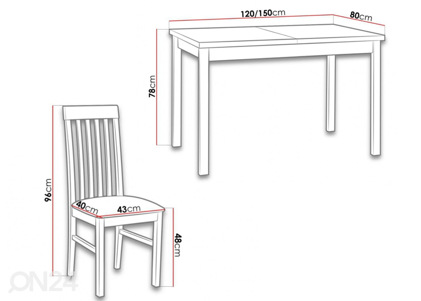 Jatkettava ruokapöytä 80x140-150 cm + 6 tuolia kuvasuurennos mitat