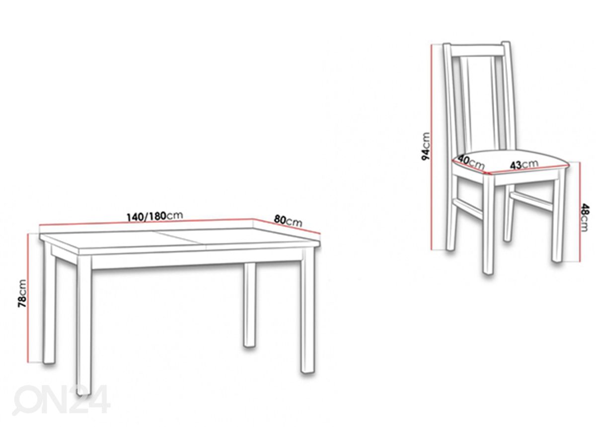 Jatkettava ruokapöytä 80x140-180 cm + 4 tuolia kuvasuurennos mitat