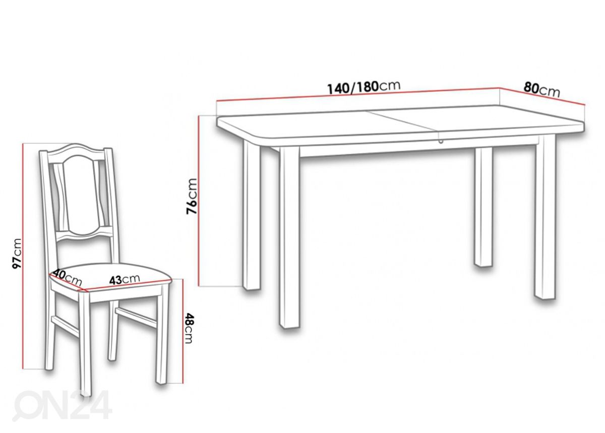 Jatkettava ruokapöytä 80x140-180 cm + 6 tuolia kuvasuurennos mitat
