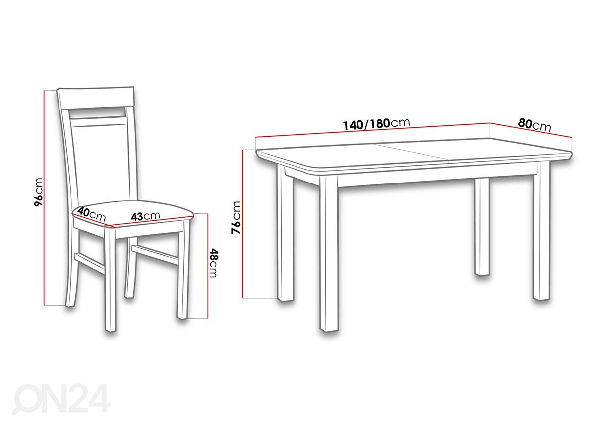 Jatkettava ruokapöytä 80x140-180 cm + 6 tuolia kuvasuurennos mitat