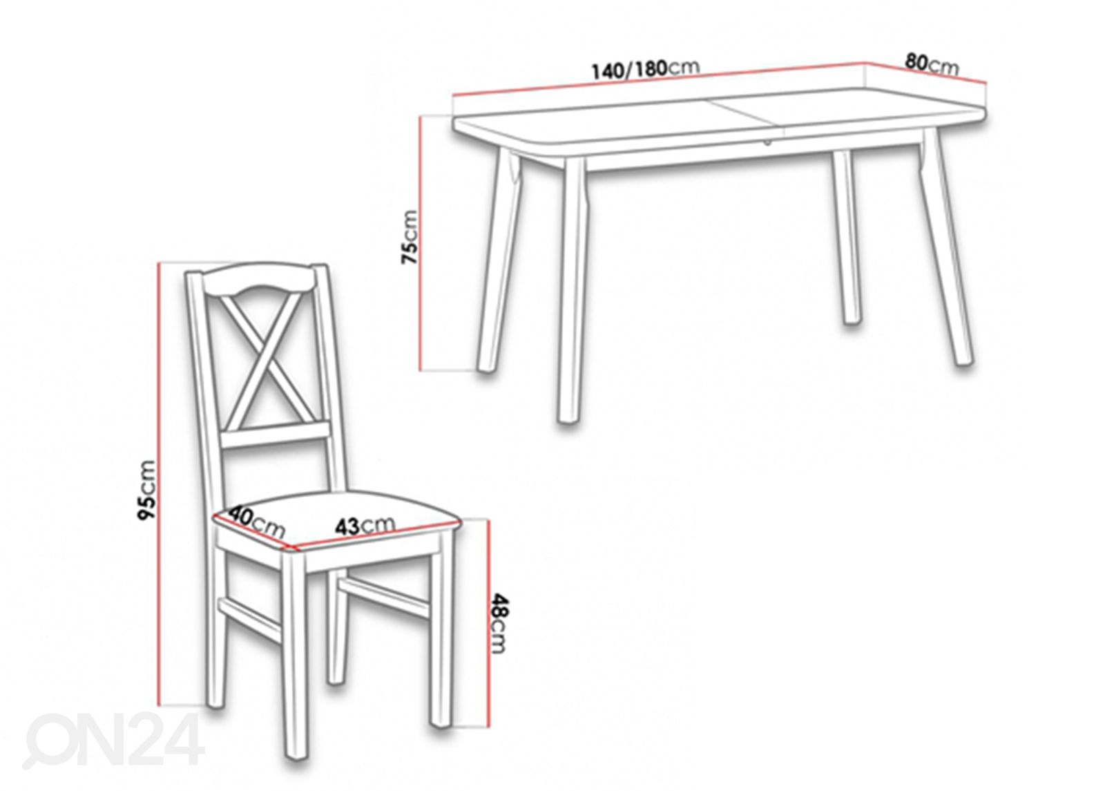 Jatkettava ruokapöytä 80x140-180 cm + 6 tuolia kuvasuurennos mitat