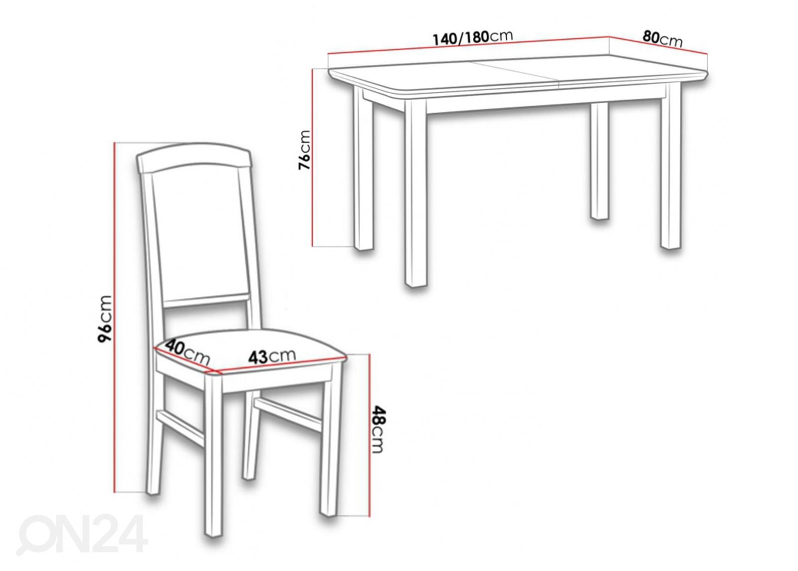 Jatkettava ruokapöytä 80x140-180 cm + 6 tuolia kuvasuurennos mitat