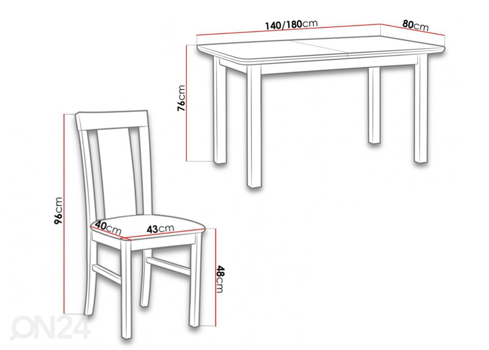 Jatkettava ruokapöytä 80x140-180 cm + 6 tuolia kuvasuurennos mitat