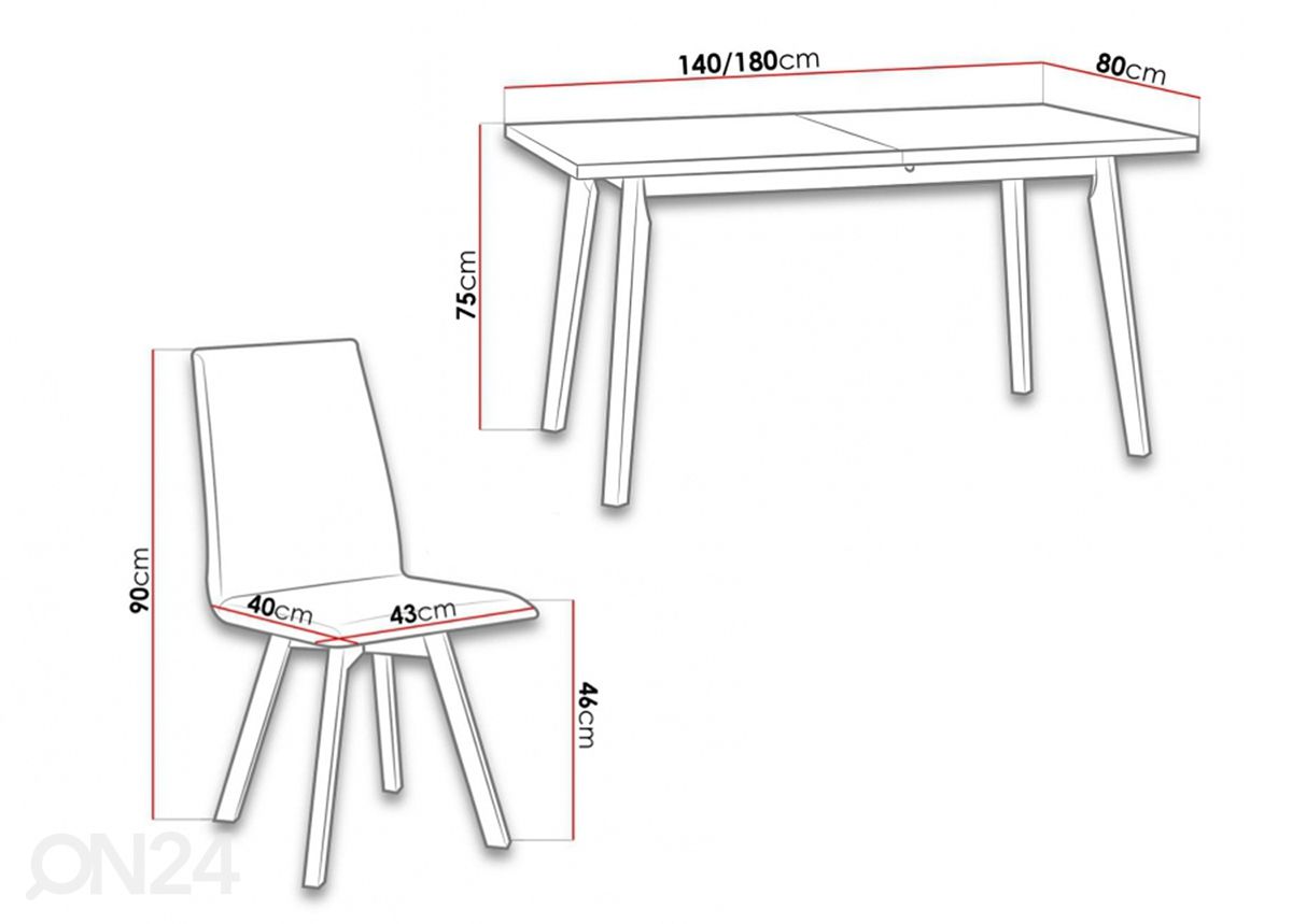 Jatkettava ruokapöytä 80x140-180 cm + 6 tuolia kuvasuurennos mitat