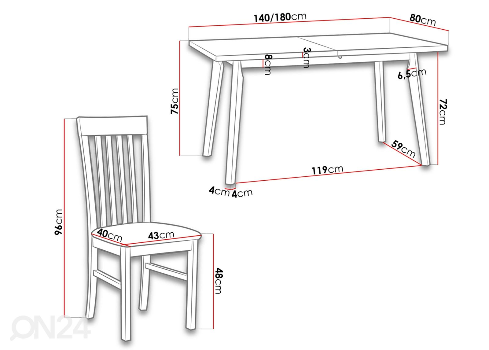 Jatkettava ruokapöytä 80x140-180 cm + 6 tuolia kuvasuurennos mitat