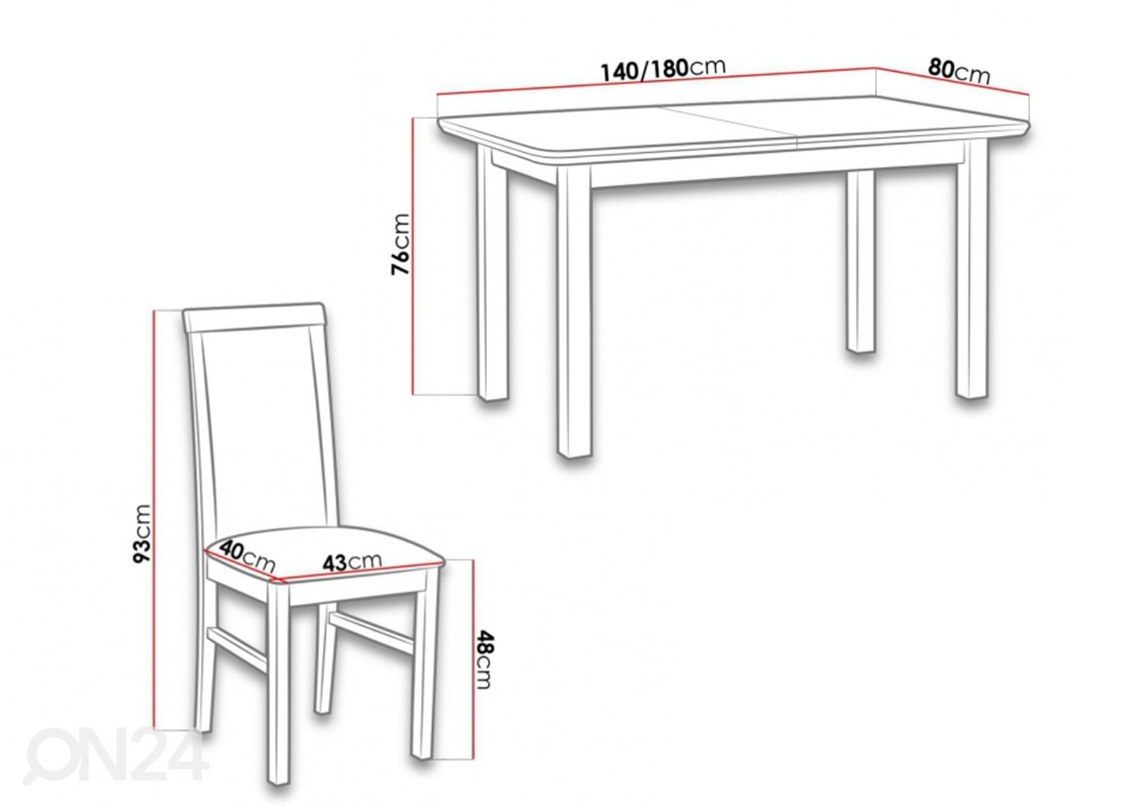Jatkettava ruokapöytä 80x140-180 cm + 6 tuolia kuvasuurennos mitat