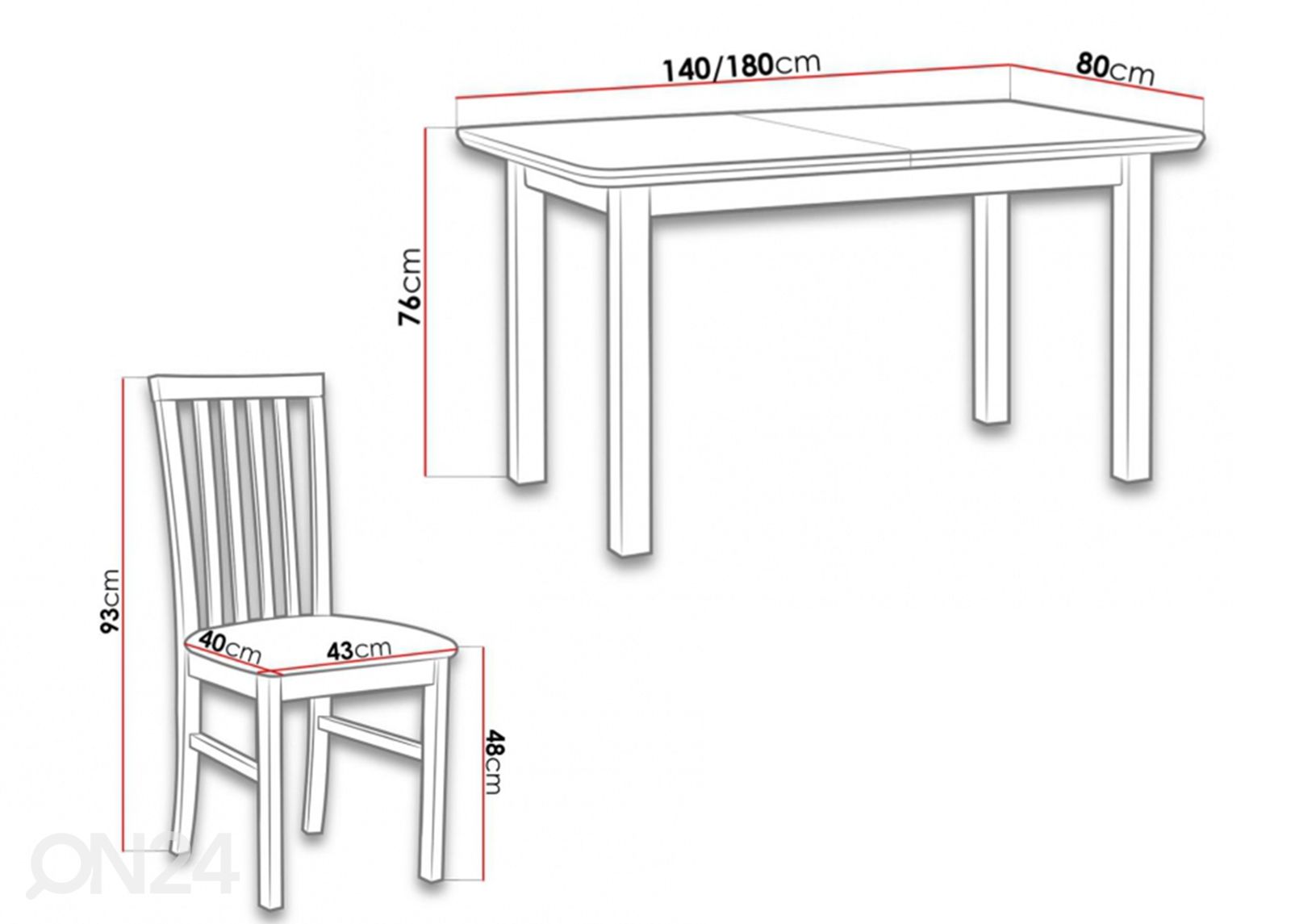 Jatkettava ruokapöytä 80x140-180 cm + 6 tuolia kuvasuurennos mitat