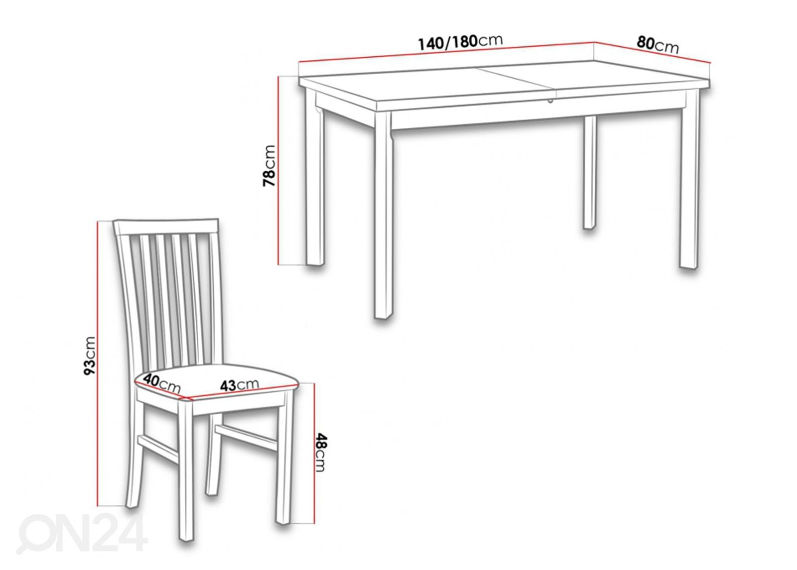 Jatkettava ruokapöytä 80x140-180 cm + 6 tuolia kuvasuurennos mitat