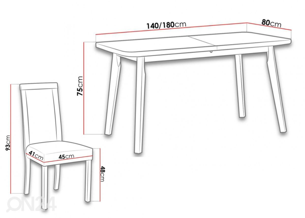 Jatkettava ruokapöytä 80x140-180 cm + 6 tuolia kuvasuurennos mitat