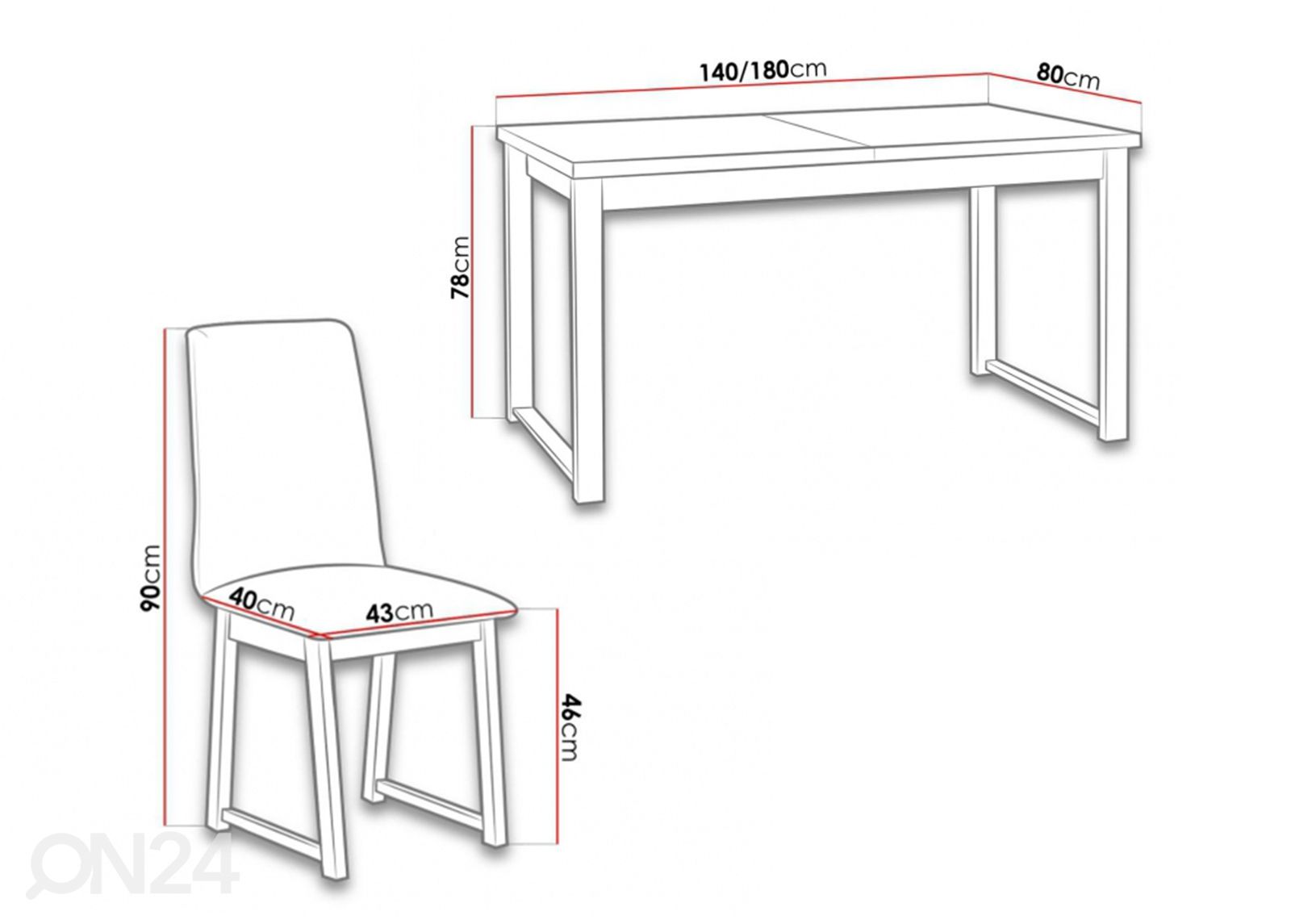 Jatkettava ruokapöytä 80x140-180 cm + 6 tuolia kuvasuurennos mitat