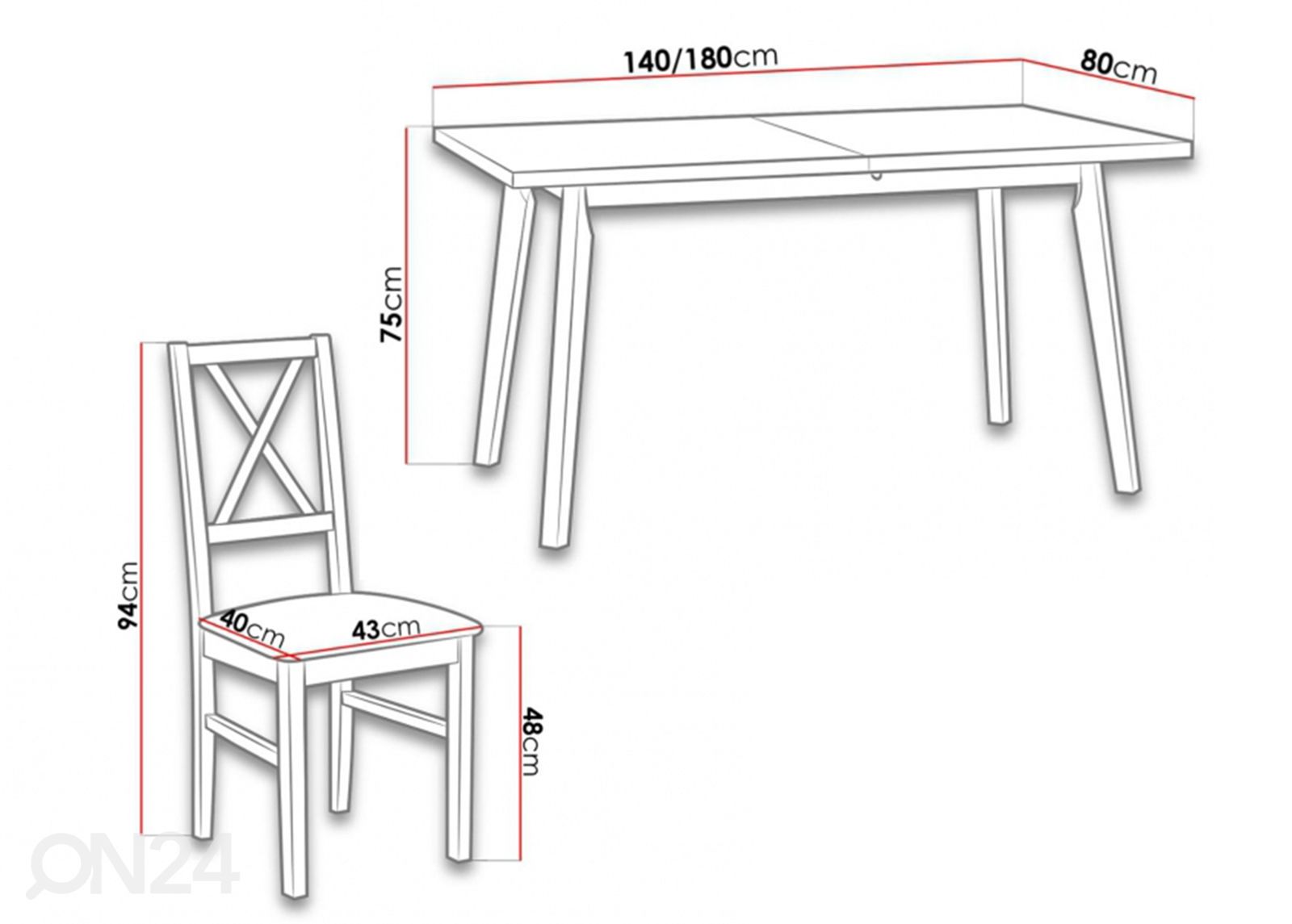 Jatkettava ruokapöytä 80x140-180 cm + 6 tuolia kuvasuurennos mitat