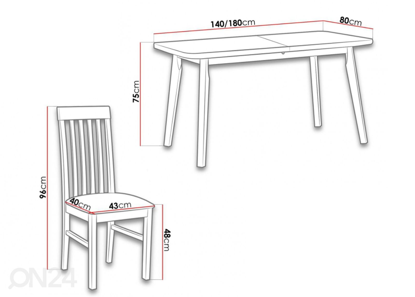 Jatkettava ruokapöytä 80x140-180 cm + 6 tuolia kuvasuurennos mitat