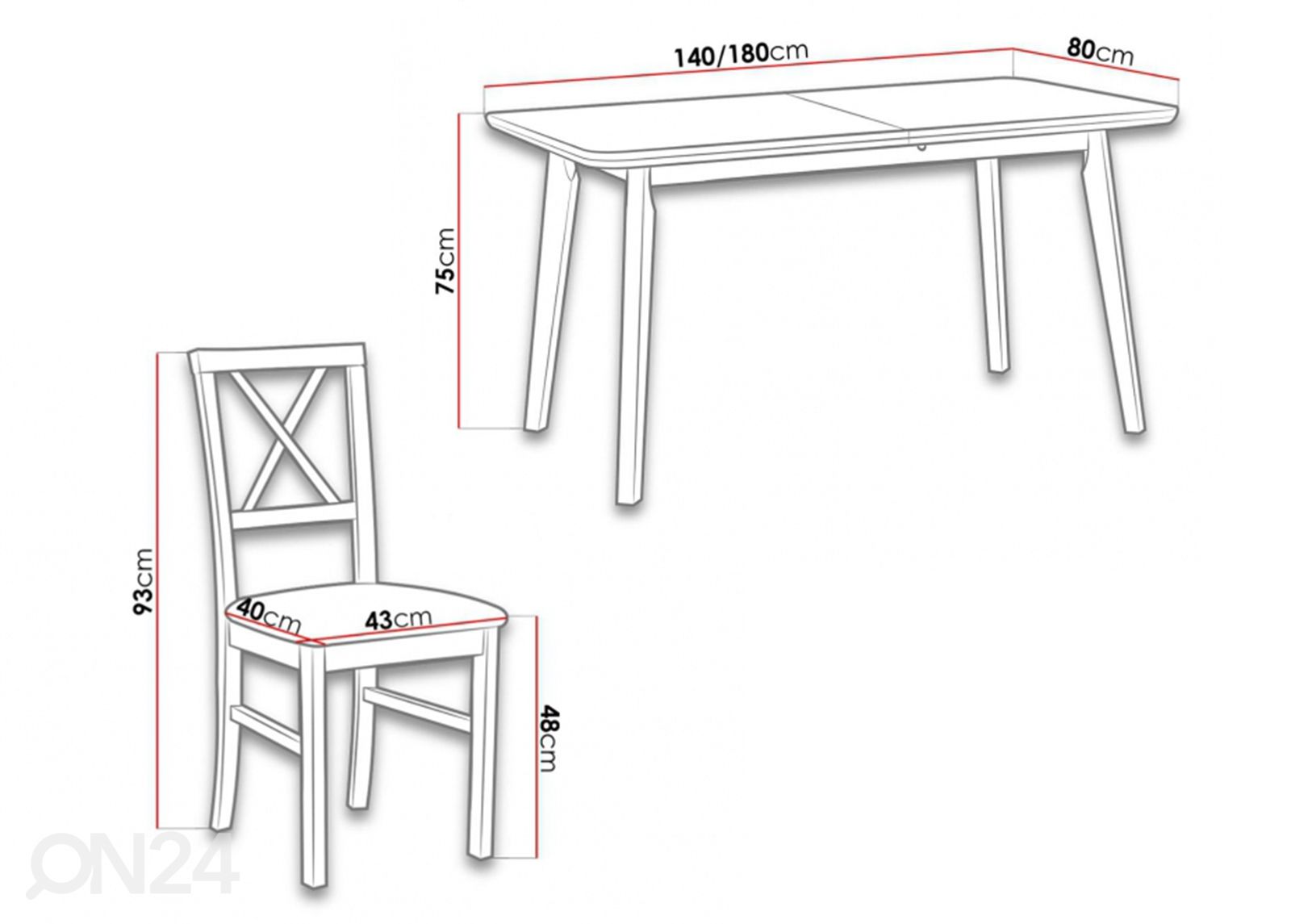 Jatkettava ruokapöytä 80x140-180 cm + 6 tuolia kuvasuurennos mitat