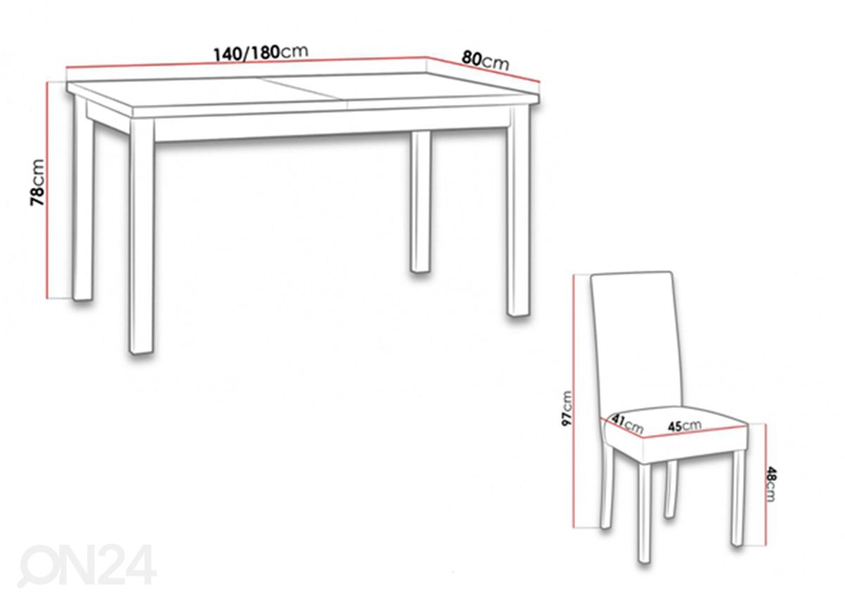 Jatkettava ruokapöytä 80x140-180 cm + 6 tuolia kuvasuurennos mitat
