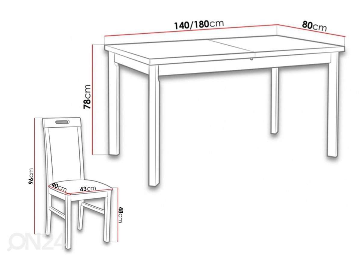 Jatkettava ruokapöytä 80x140-180 cm + 6 tuolia kuvasuurennos mitat