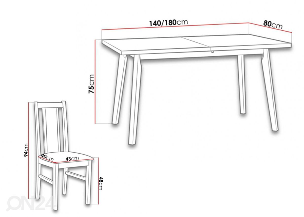 Jatkettava ruokapöytä 80x140-180 cm + 6 tuolia kuvasuurennos mitat