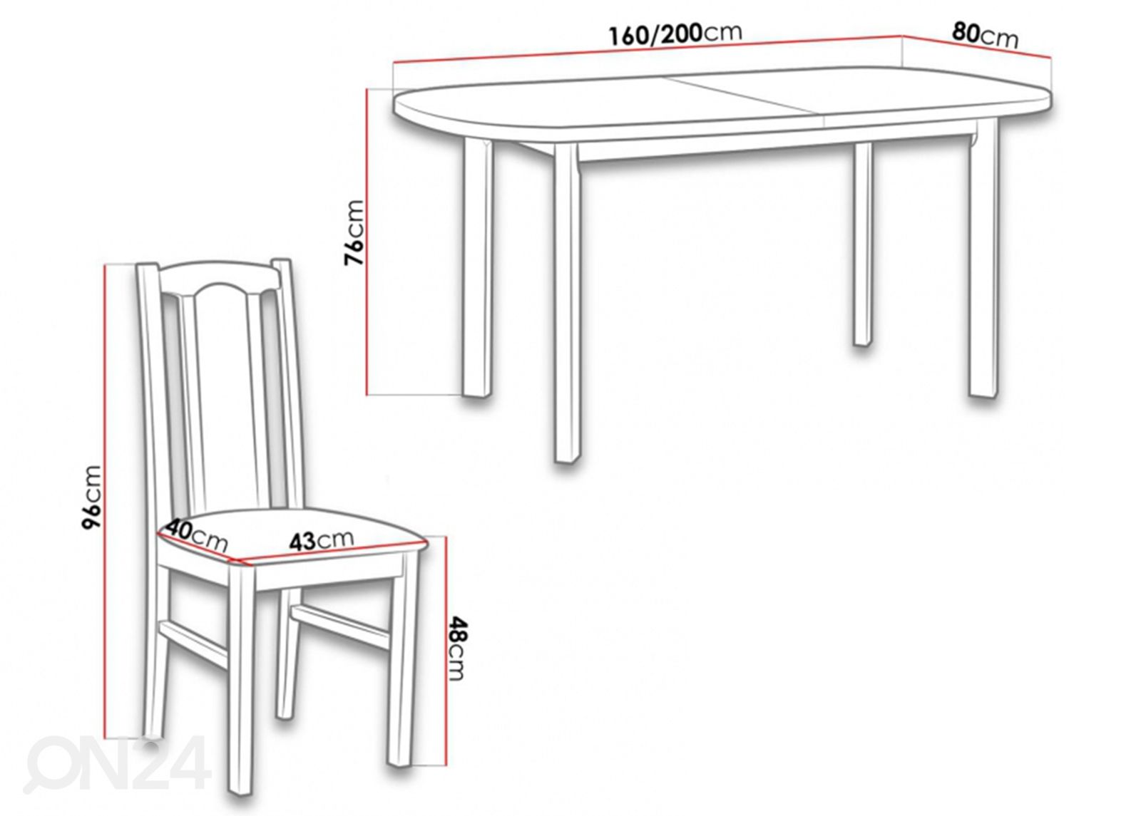 Jatkettava ruokapöytä 80x160-200 cm+ 6 tuolia kuvasuurennos mitat