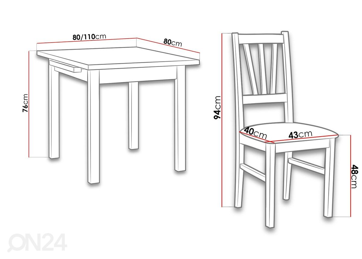 Jatkettava ruokapöytä 80x80-110 cm + 4 tuolia kuvasuurennos mitat