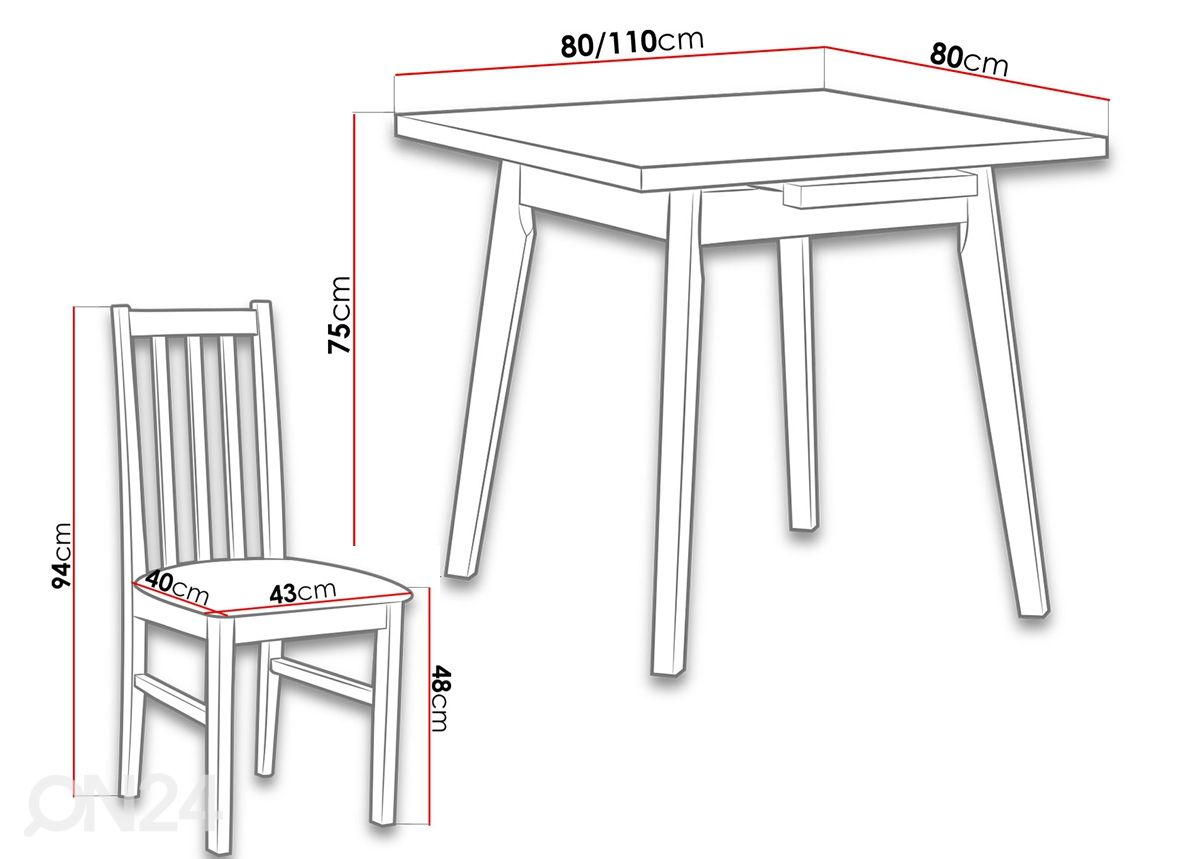 Jatkettava ruokapöytä 80x80-110 cm + 4 tuolia kuvasuurennos mitat