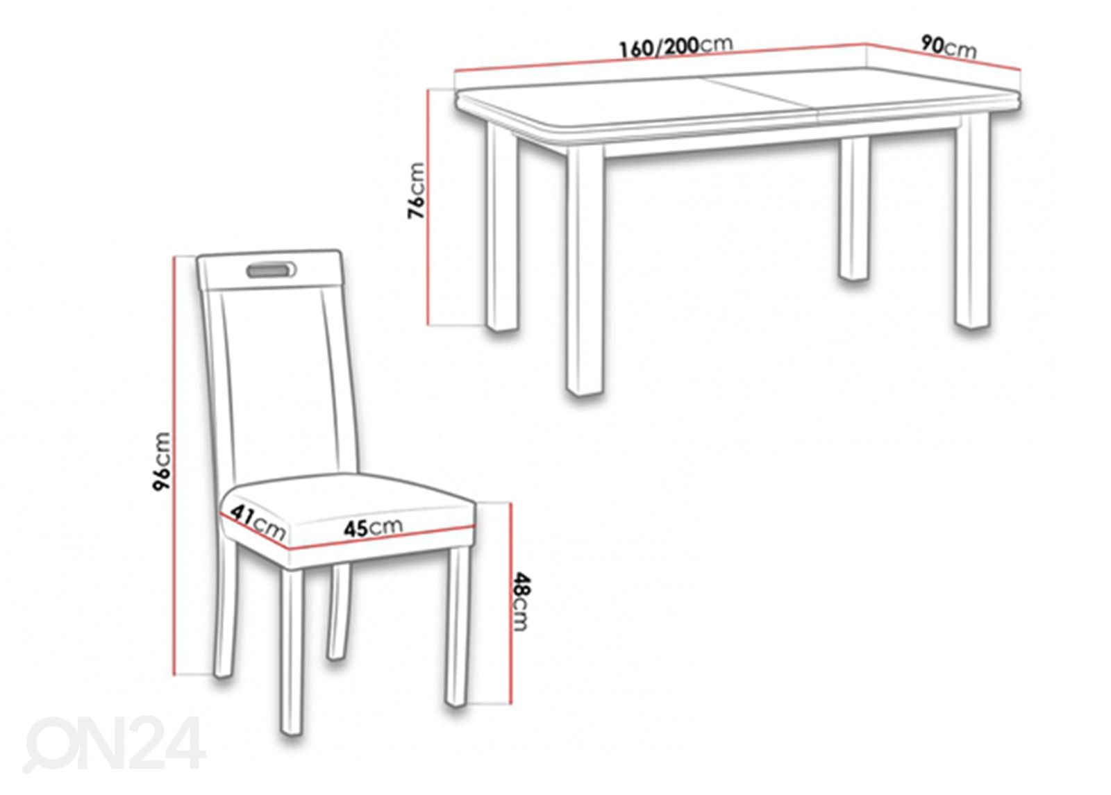 Jatkettava ruokapöytä 90x160-200 cm + 6 tuolia kuvasuurennos mitat