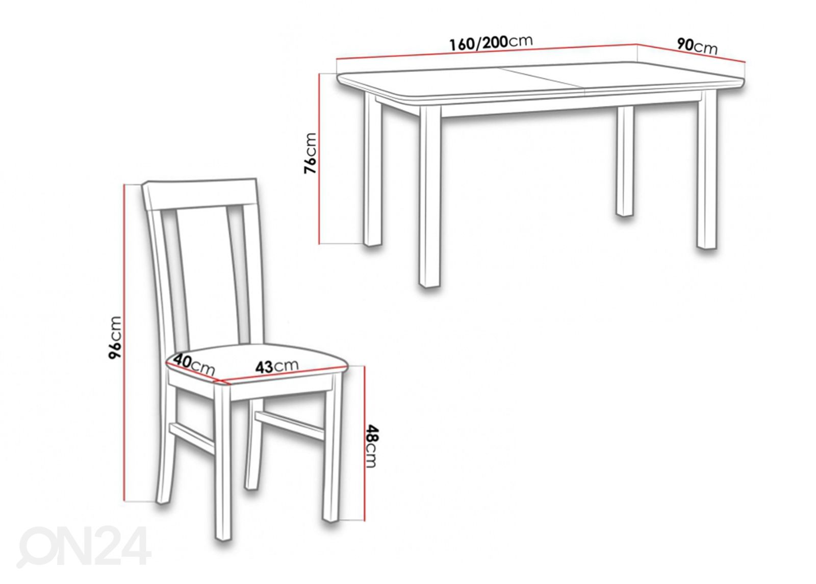 Jatkettava ruokapöytä 90x160-200 cm + 6 tuolia kuvasuurennos mitat