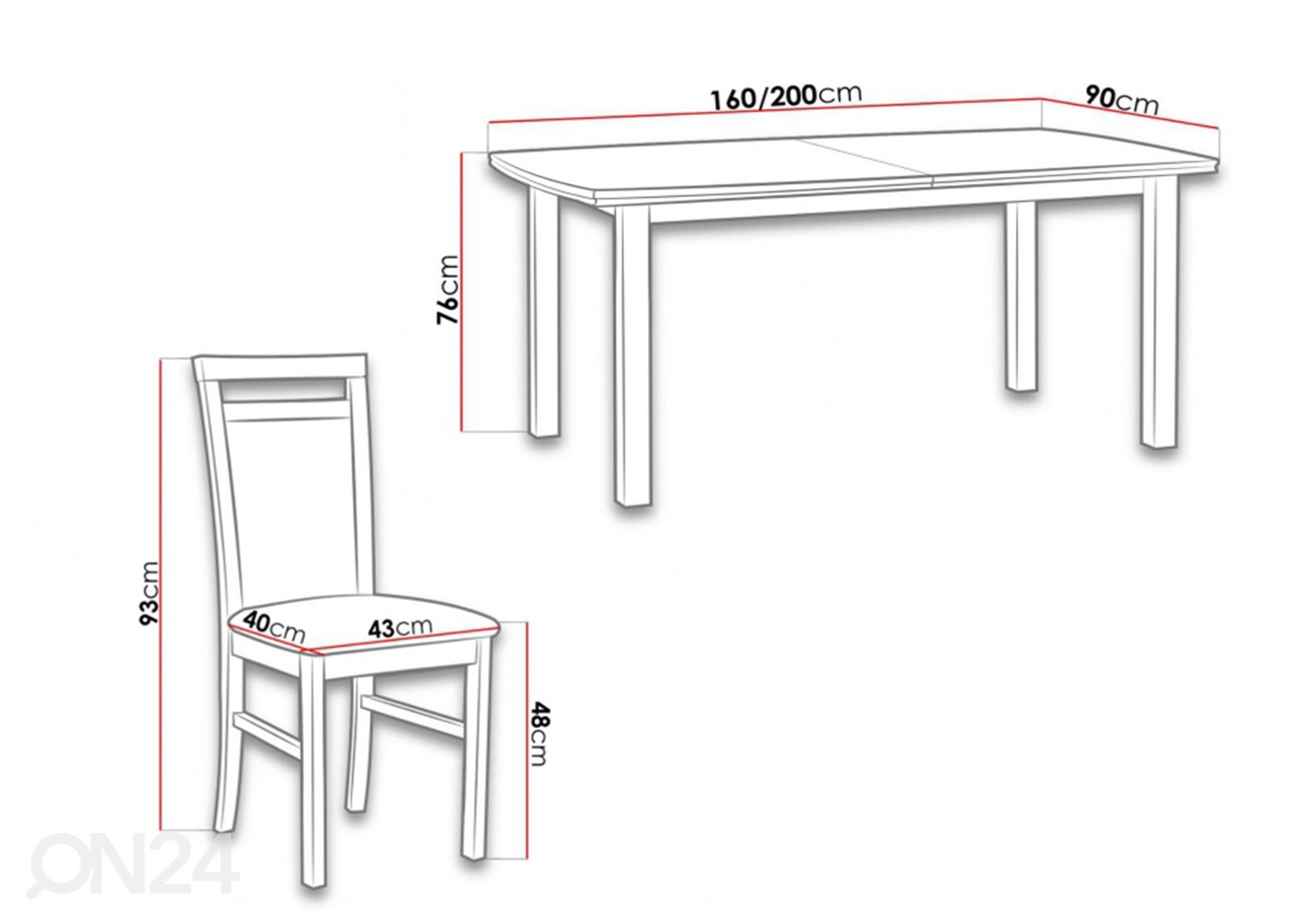 Jatkettava ruokapöytä 90x160-200 cm + 6 tuolia kuvasuurennos mitat